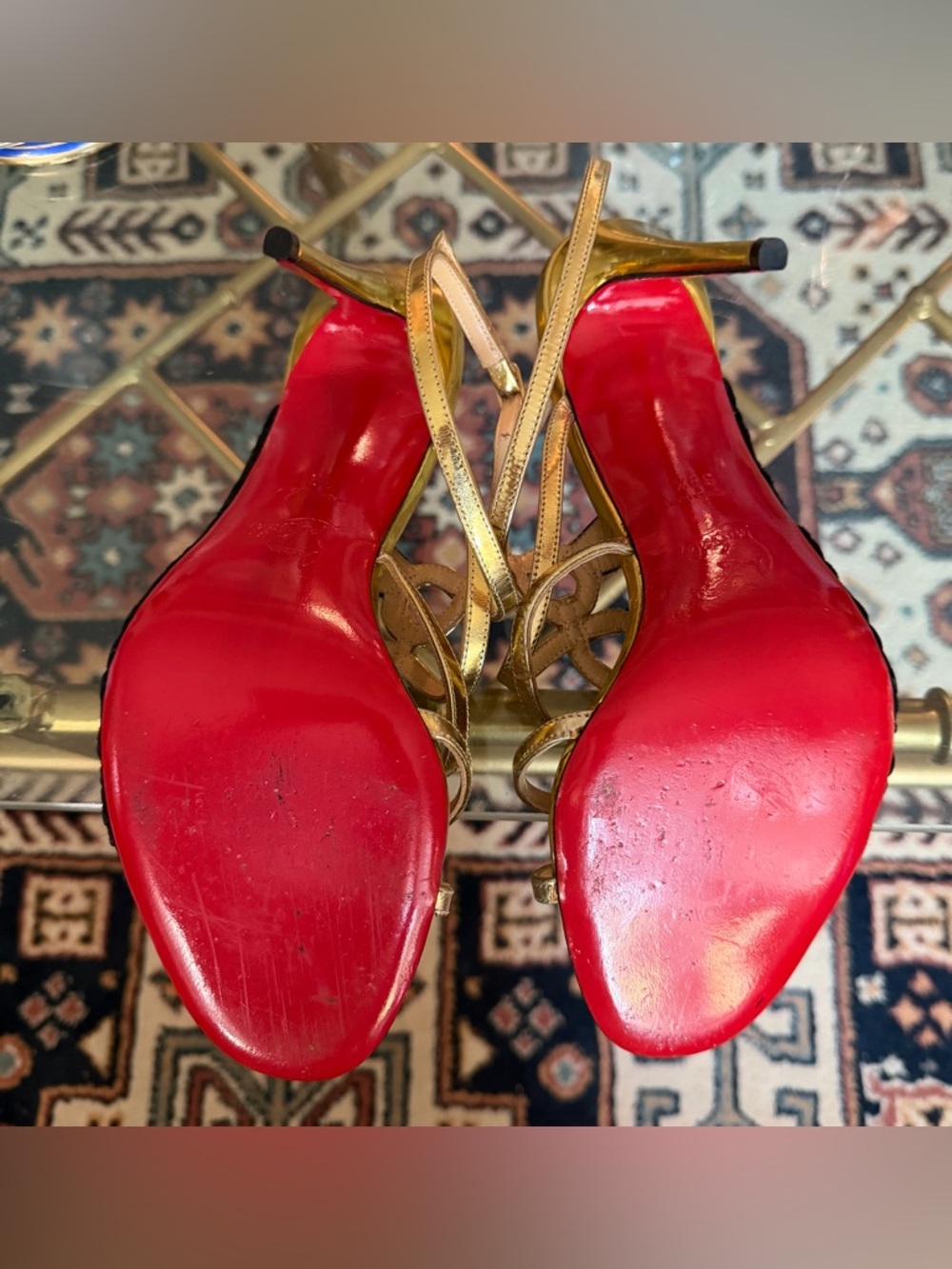Christian Louboutin Gold and Black Suede Leather Tina Cage Strappy Heels - Picture 5 of 7